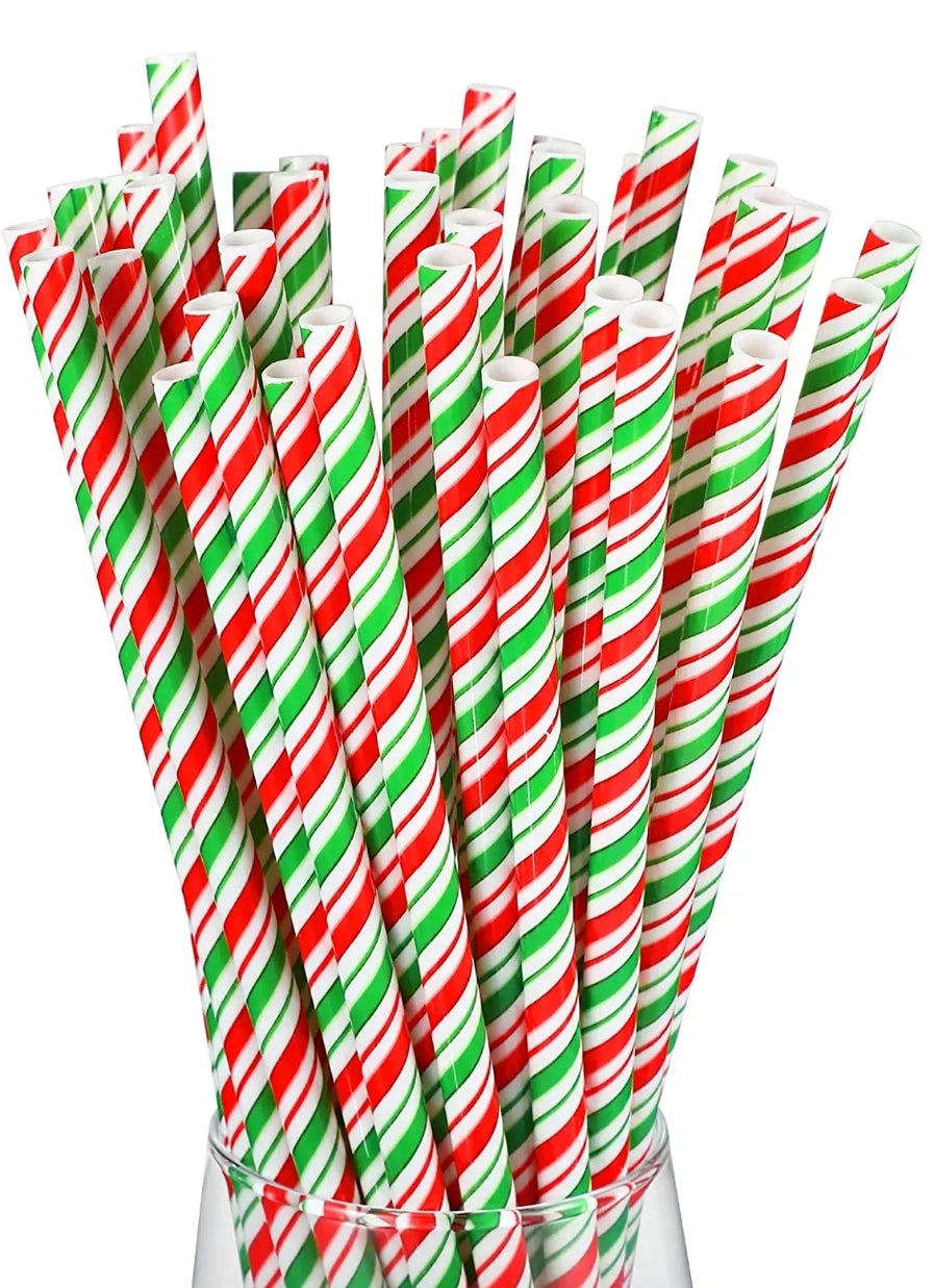 Green and Red Candy Cane Reusable Tumbler Straws